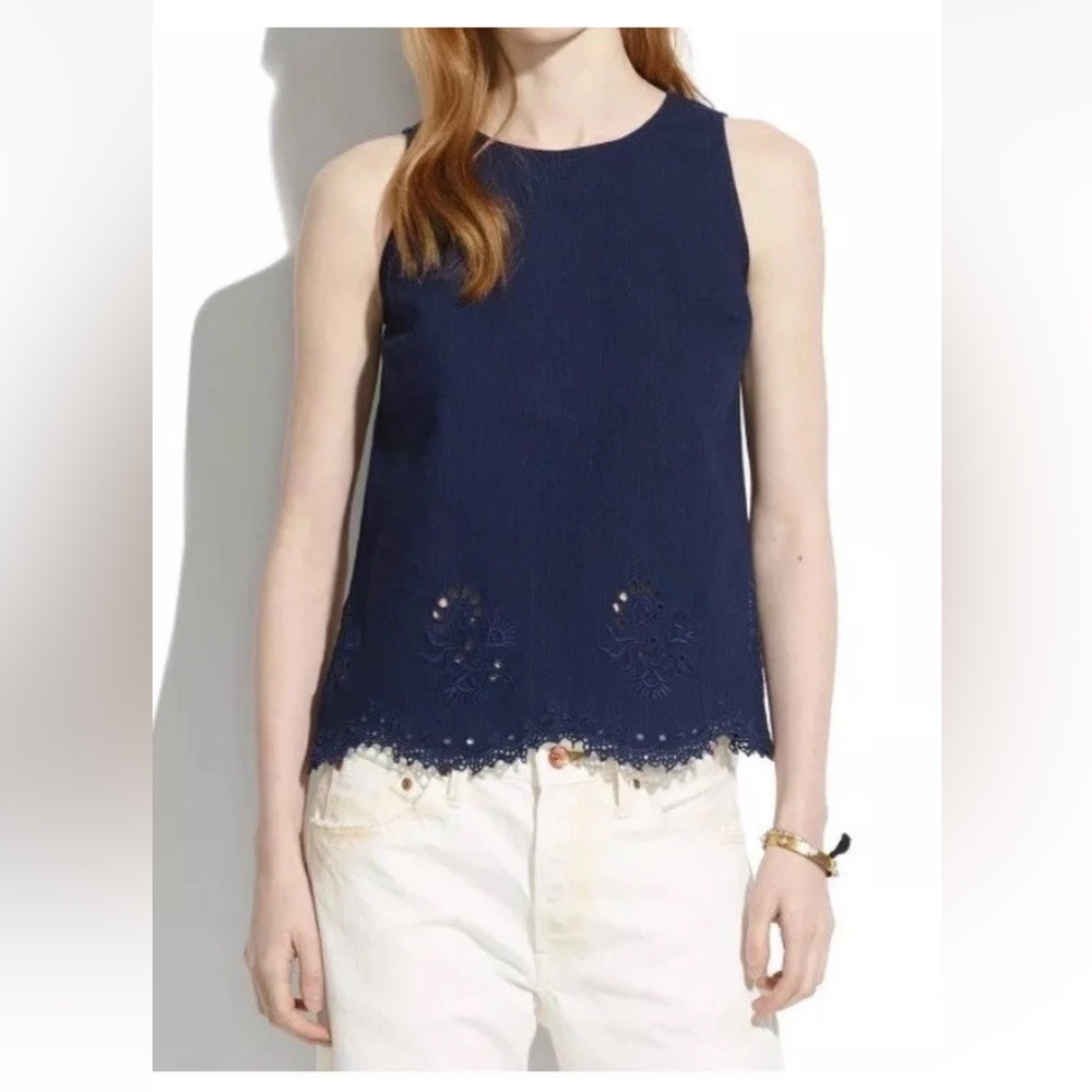 Madewell Indigo Sleeveless Top with Lace Hem - Picture 2 of 11